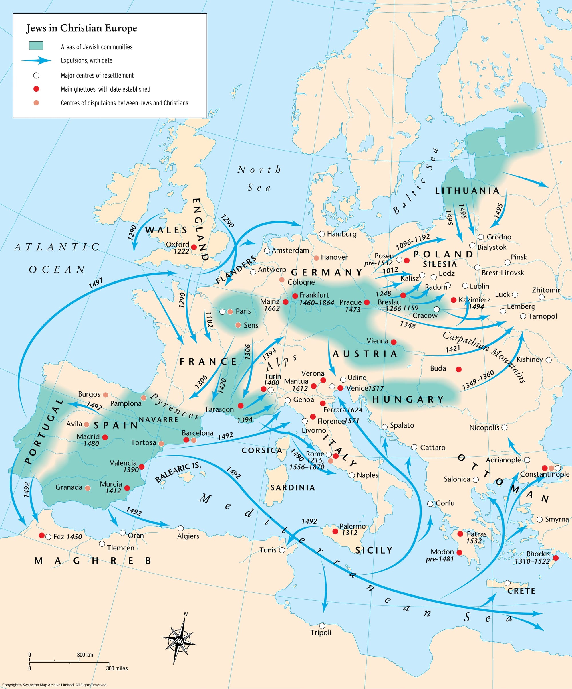 This map shows the main areas of Jewish settlement in western and central Europe before 1500. The blue arrows indicate where expelled Jewish communities resettled. Source: The Map Archive.