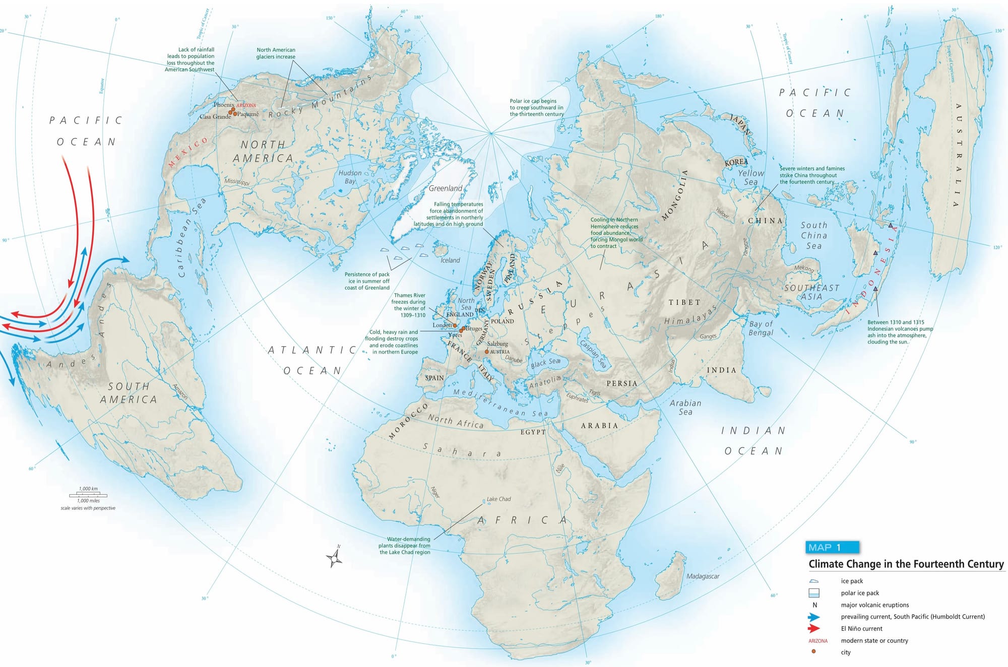 Map from The World: A History showing some of the major climatic events in the fourteenth century.