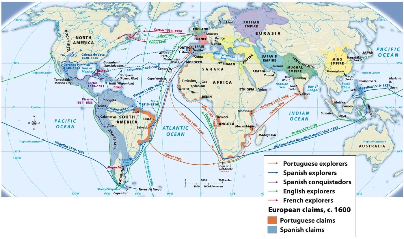 Every textbook seems to have some version of this map of the “Age of Discovery” or the “Age of Exploration.” It’s worth considering if we can use a better name for this period, such as the Age of Maritime Expansion or the Age of New Maritime Connections. Source: History of World Societies.