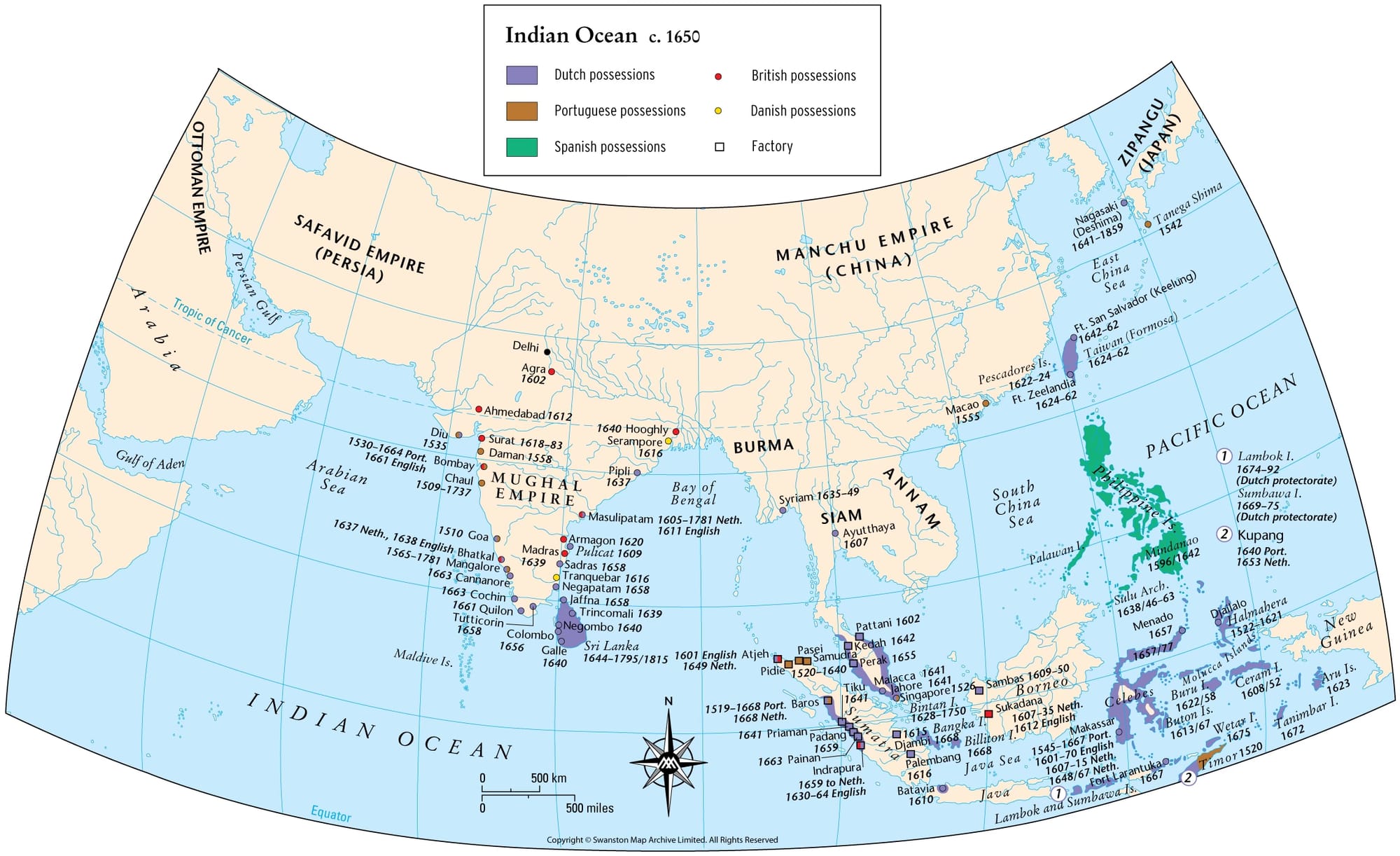 European colonies in the Indian Ocean, c.1650. This map is a good example of how the Philippines is often on the edges of maps. Source: The Map Archive.