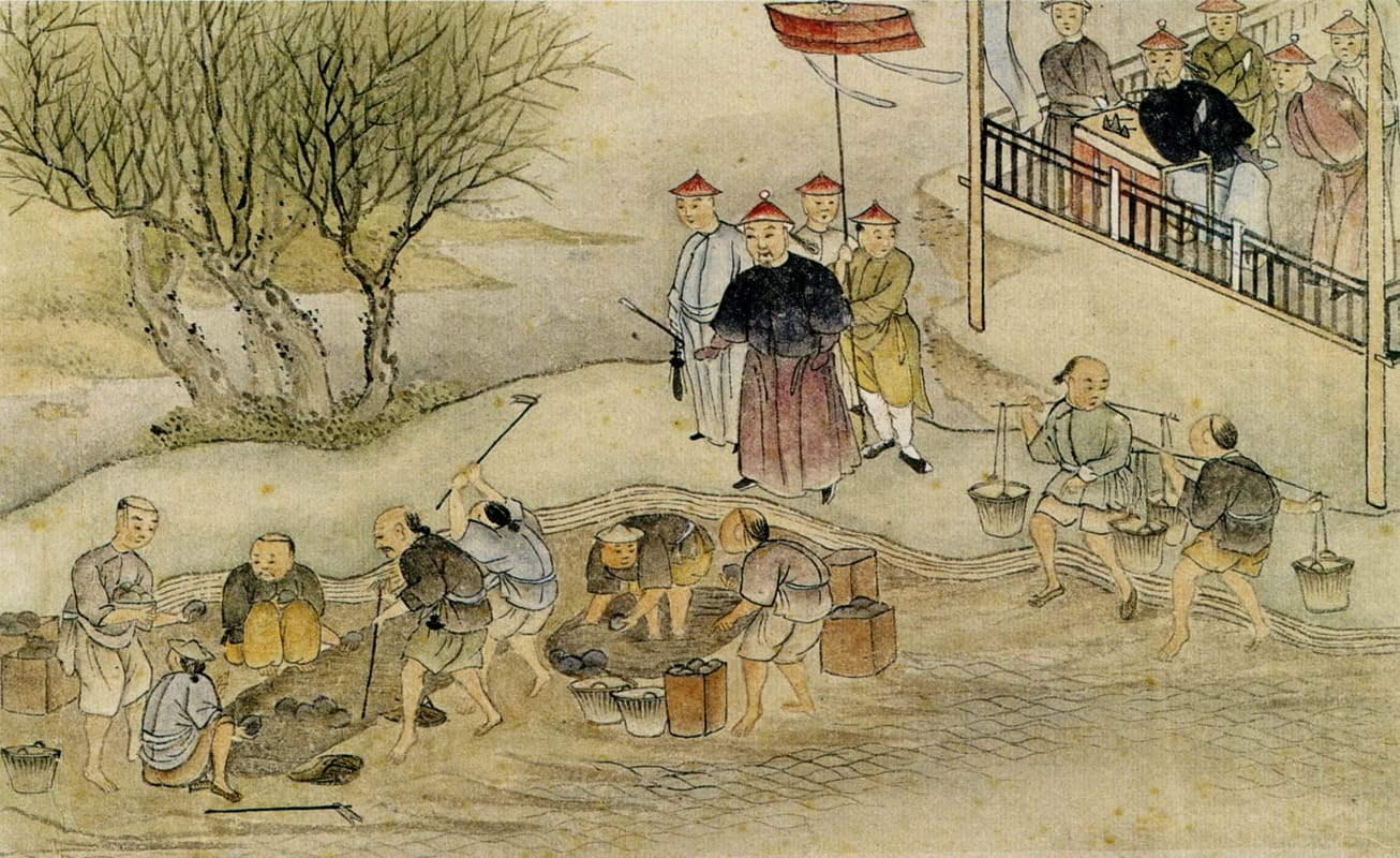 Chinese commissioner Lin Zexu destroying British opium in 1839. This painting frequently appears in textbooks when discussing the opium trade. Source: Google Arts & Culture.